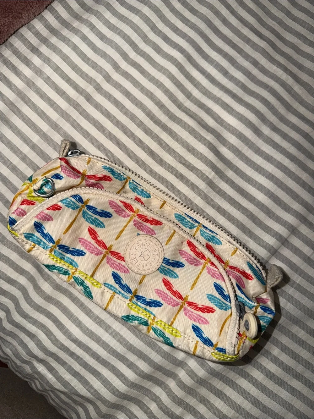Kipling White Cosmetic Pouch with Multicolor Dragonfly Print